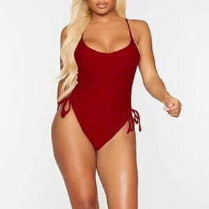 Women's Burgundy Cheeky One Piece Bathing Suit Swimsuit Tummy Control High Cut